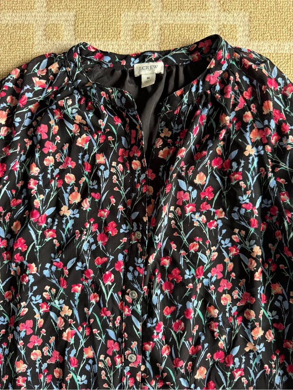 J. Crew Floral Boho Peasant Blouse Black Long Sleeve Lightweight Summer Top M